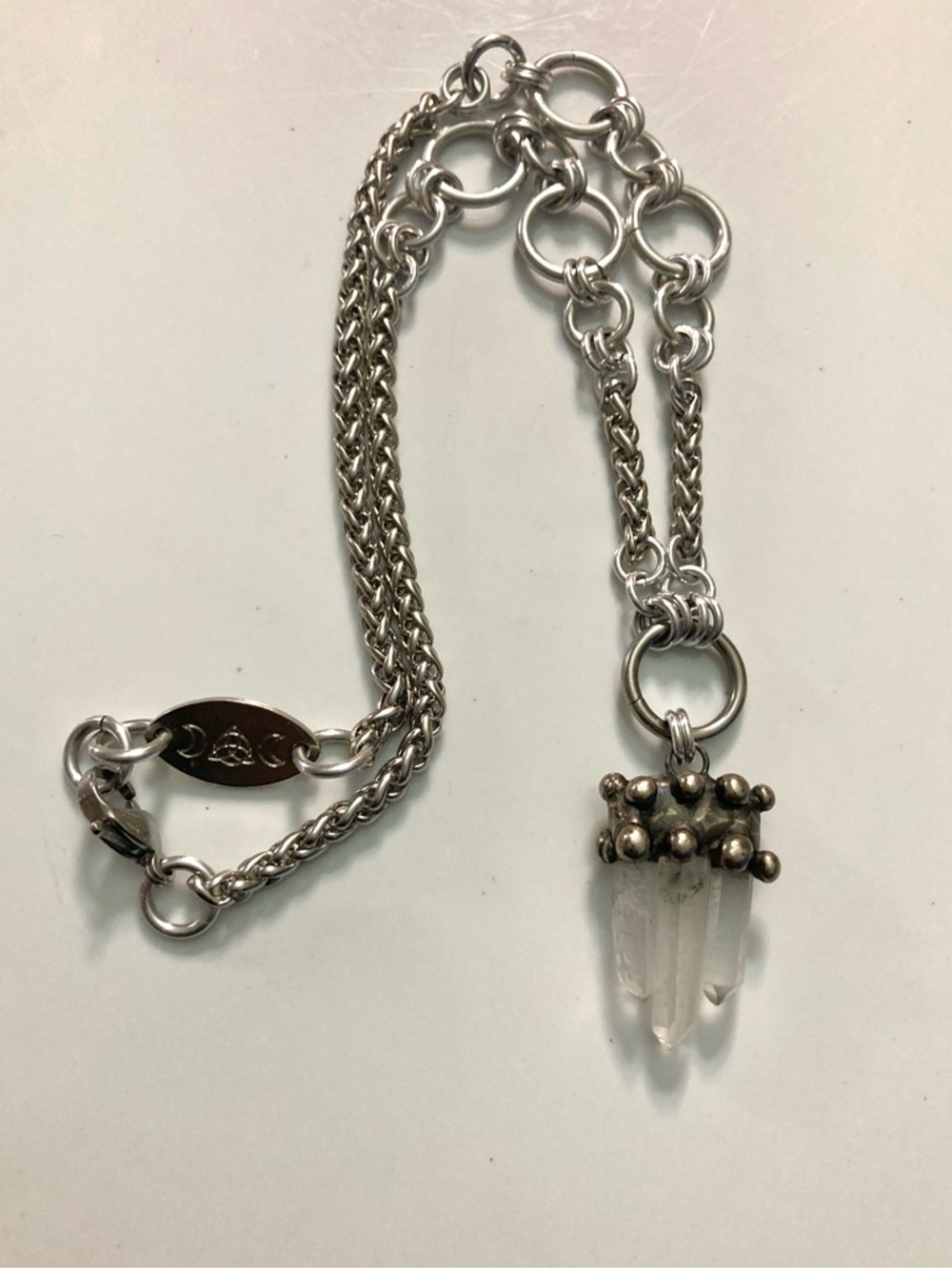 Handmade Genuine raw crystal quartz maille stainless steel boho goth necklace - Picture 13 of 16